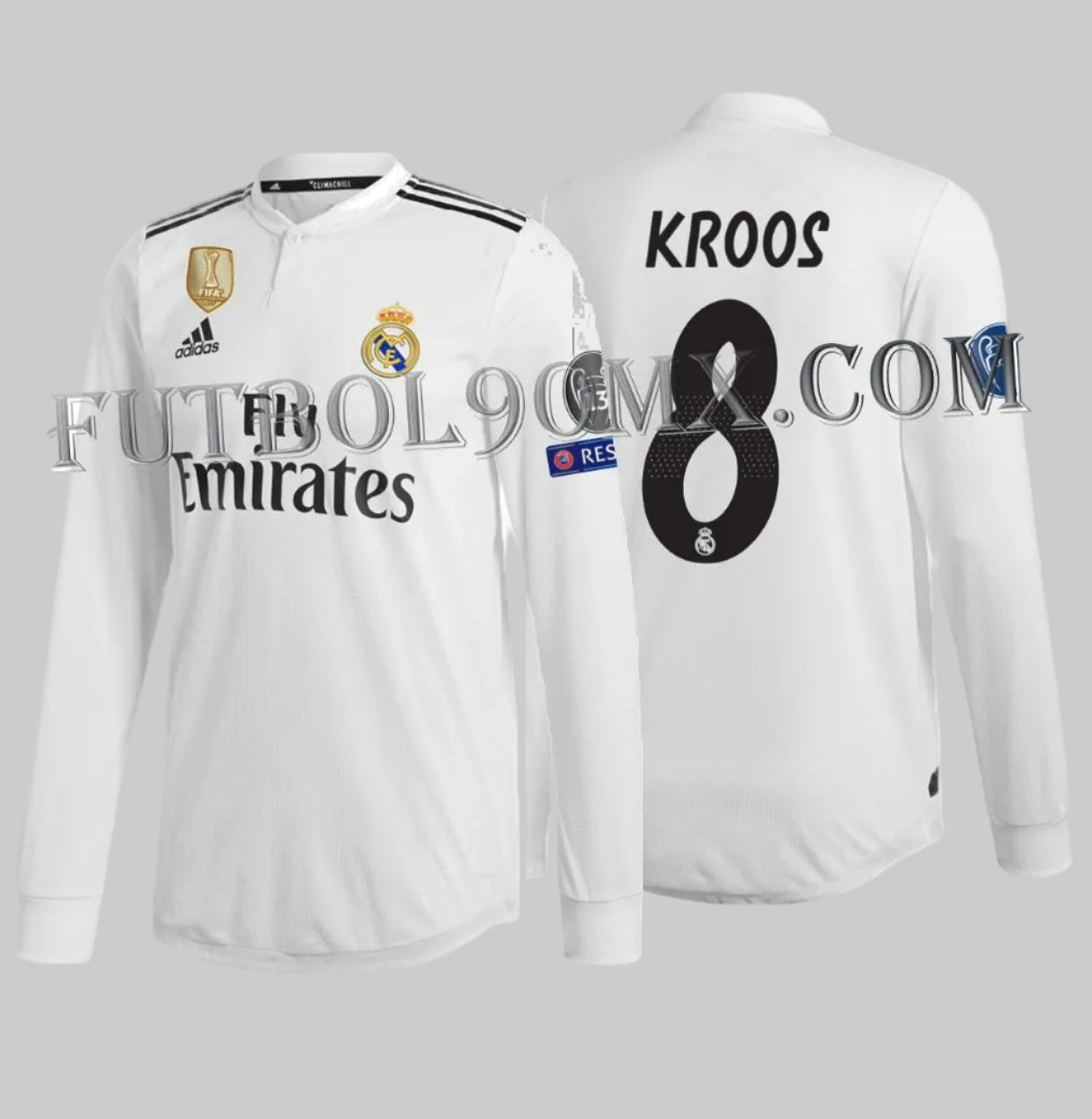 Detalle frontal del jersey de local Real Madrid 2018/19, mostrando el escudo del club, el logo Adidas y el parche oficial de Campeón Mundial de la FIFA 2017, dorsal oficial "KROOS 8" en la espalda, tipografía de competición europea. Calidad Authentic Match DQ0869.