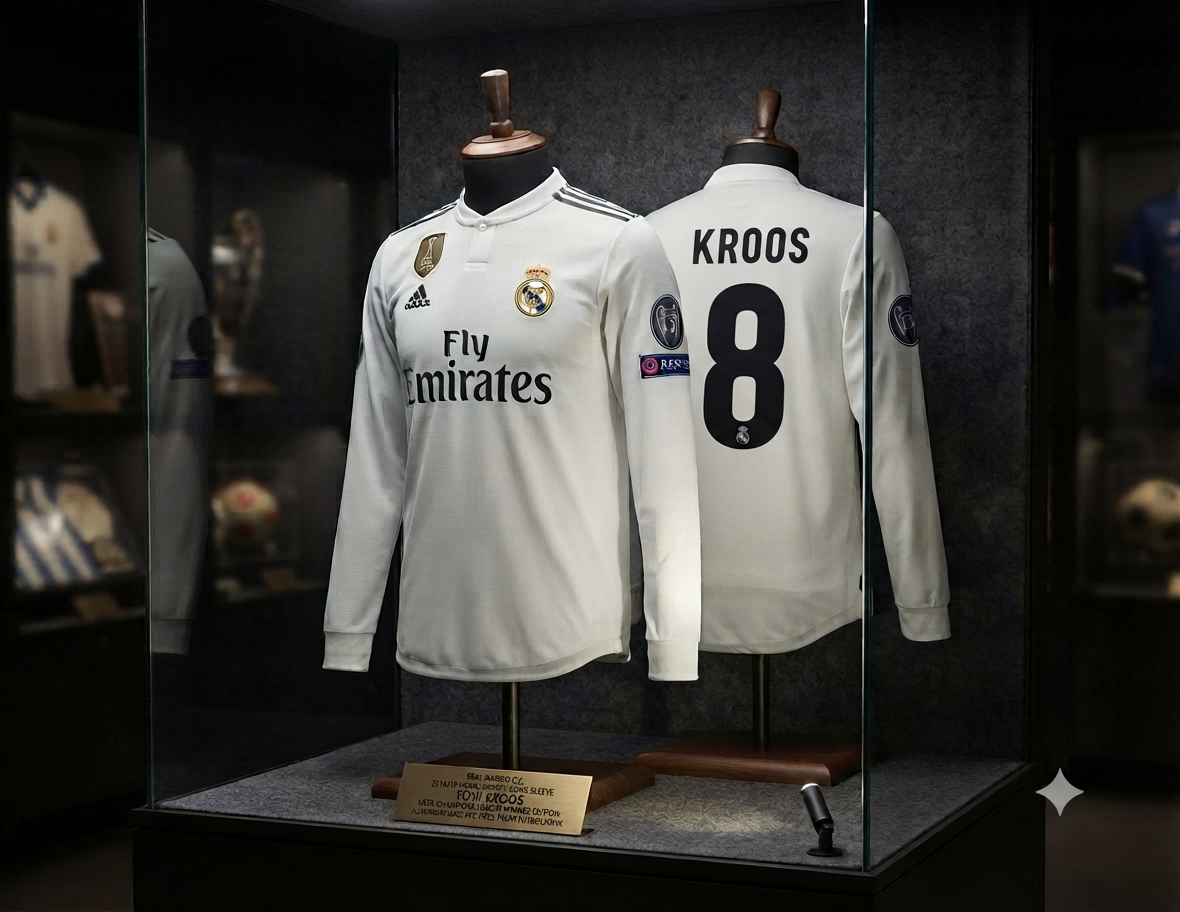Jersey Adidas Authentic Match de local manga larga Real Madrid 2018/19 de Toni Kroos exhibido en vitrina museística, CODIGO DQ0869, con placa de identificación oficial de la Historical Archive Boutique de Futbol90MX.