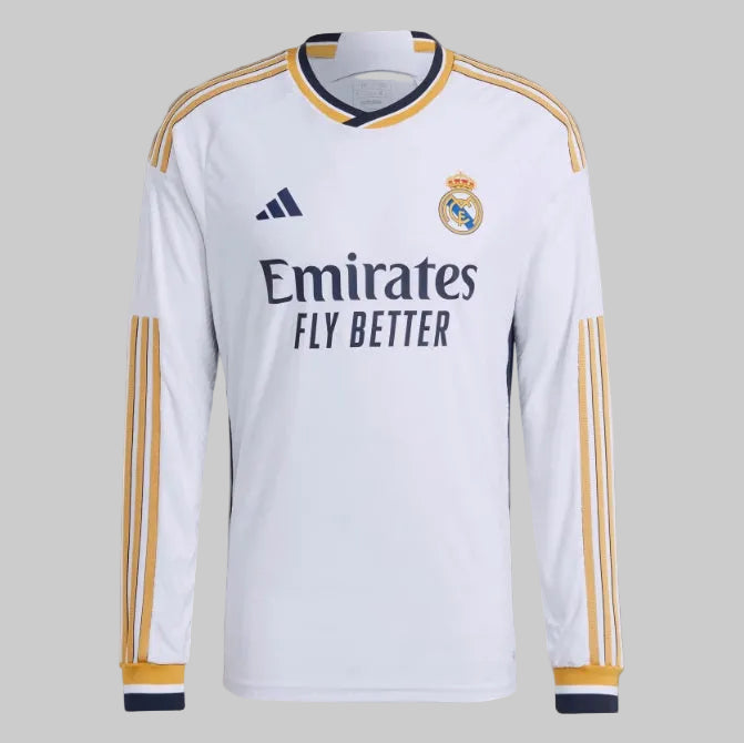 Vista frontal completa del jersey Adidas Tony Kroos Real Madrid de casa versión de jugador manga larga UEFA Champions League 2023/24 (Ref. IA9978)  stock Futbol90MX