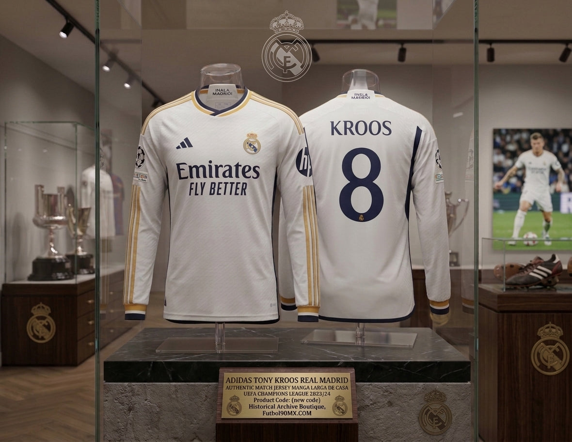 Exhibición museográfica en vitrina de archivo del jersey Adidas Tony Kroos Real Madrid UEFA Champions League Authentic Match manga larga local 2023/24 (Ref. IA9978) en la Historical Archive Boutique de Futbol90MX