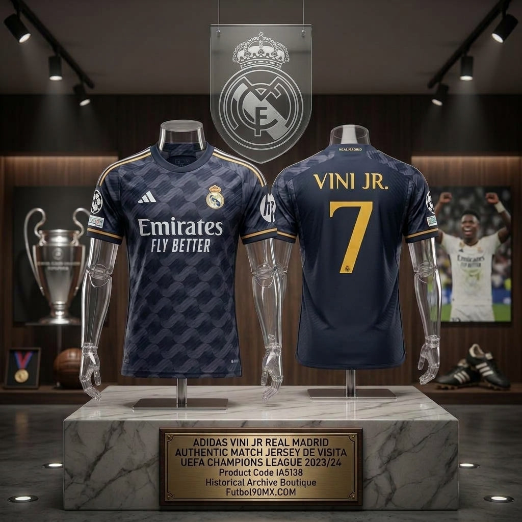 Exhibición museográfica en vitrina de la Historical Archive Boutique de Futbol90MX del jersey Adidas Vini Jr Real Madrid Authentic Match Visita UEFA Champions League 2023/24 (Ref. IA5138).