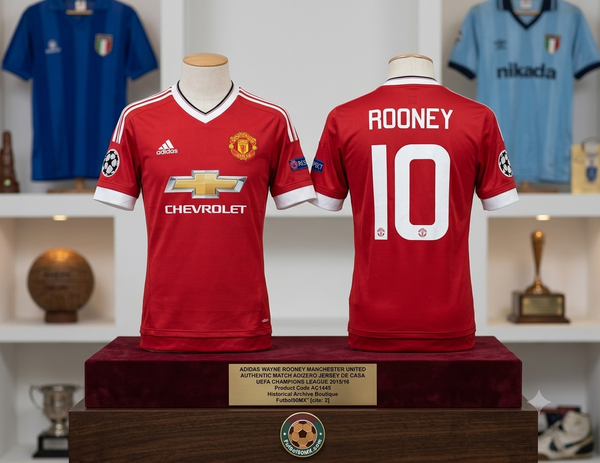 Exhibición de archivo de museo para el jersey Adidas Authentic Match Adizero del Manchester United  Local 2015/16 de Wayne Rooney #10 (Ref. AC1415) con parches de UEFA Champions League, vista frontal, dorsal y placa conmemorativa de la Historical Archive Boutique Futbol90MX