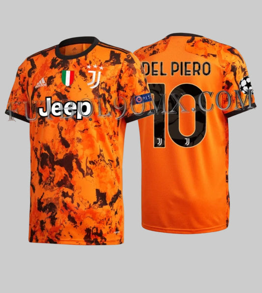 Vista combinada frontal y posterior del Jersey Tercero de la Juventus UEFA Champions League 2020/21 (Ref. GE4856) con la personalización de Alessandro Del Piero 10 en la Historical Archive Boutique de Futbol90MX