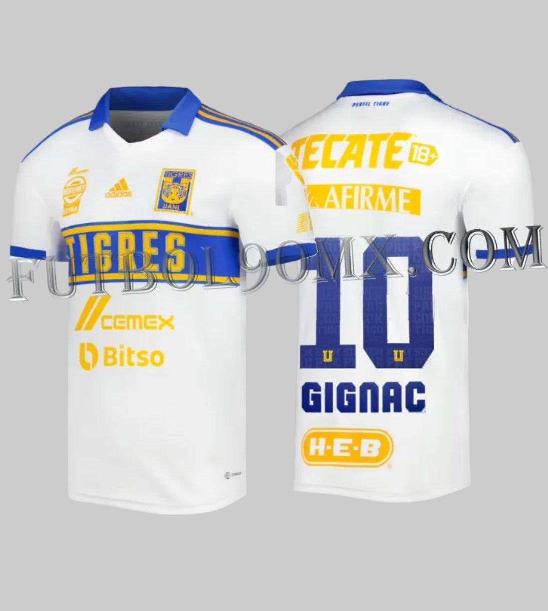 Jersey Adidas Tigres UANL Tercera Equipación 2023 con personalización oficial GIGNAC 10. Vista frontal y dorsal mostrando el dorsal azul con detalles amarillos y código HT4210, disponible en Futbol90MX
