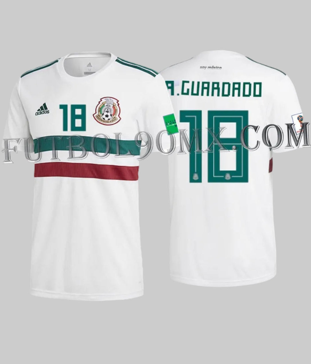Vista dual del jersey adidas de visita México Mundial 2018, personalización 'A. GUARDADO 18' con tipografía mundialista y parches FIFA, codigo BQ4689, disponible en Futbol90MX