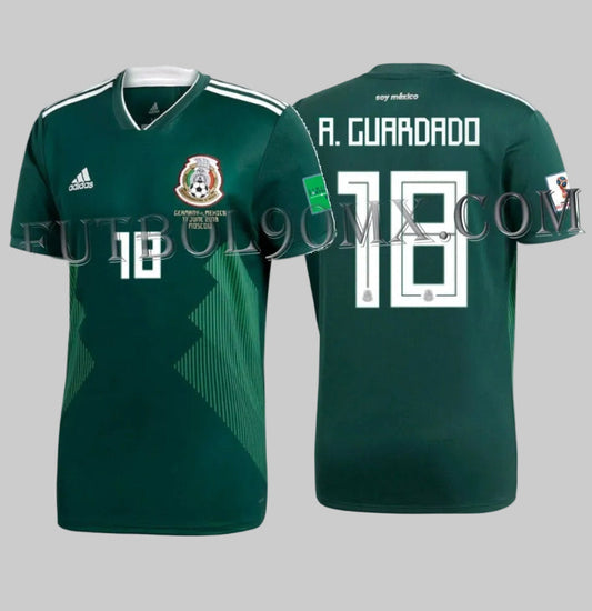 Jersey oficial de local de la Selección de México 2018 con el nombre A. GUARDADO y número 18 en tipografía calada blanca de Adidas para el Mundial Rusia 2018 BQ4701