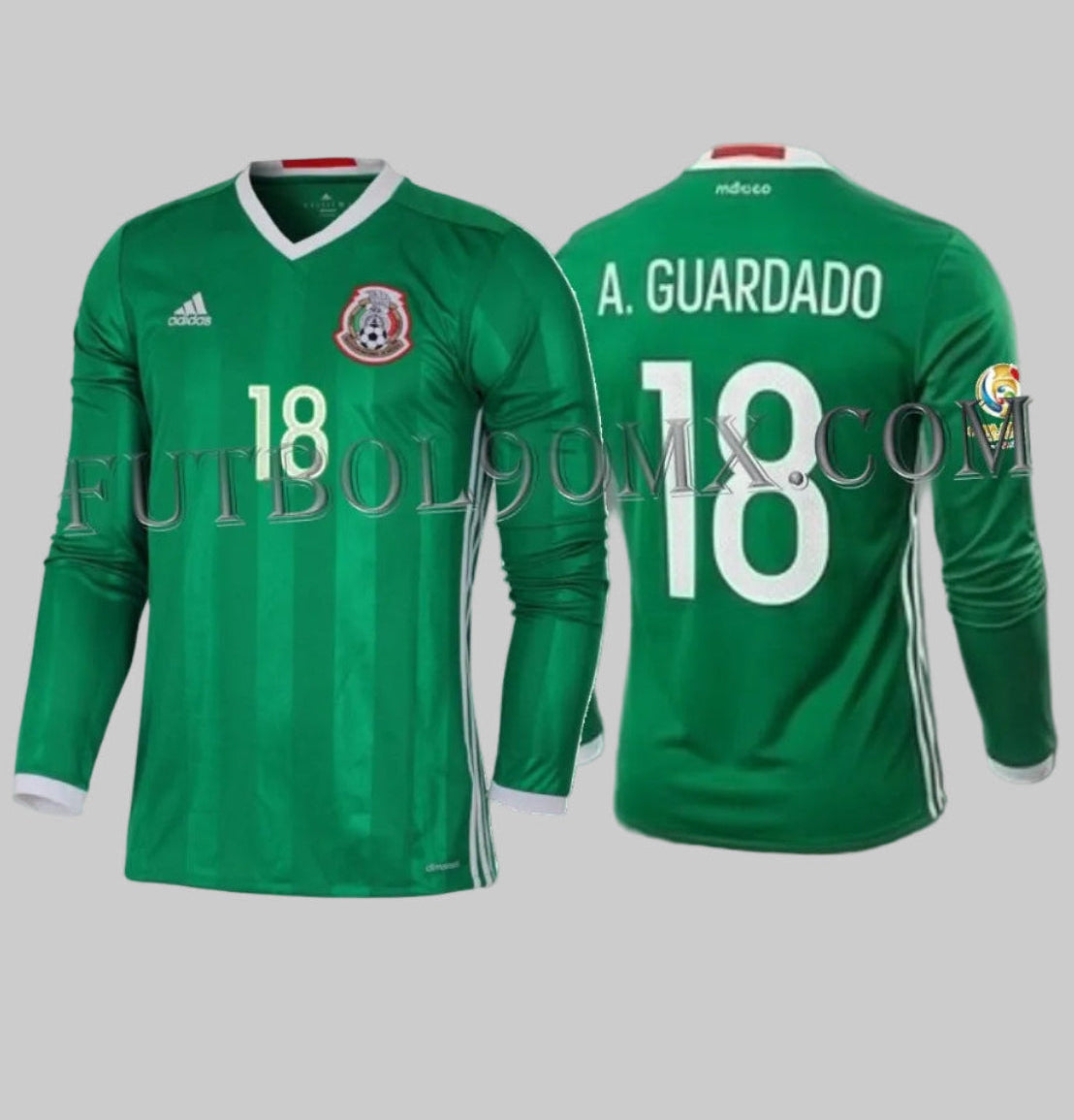 Jersey Adidas México Local 2016 Manga Larga Andrés Guardado #18 Copa América Centenario AC2724, vista dual frontal y dorsal con tipografía oficial.