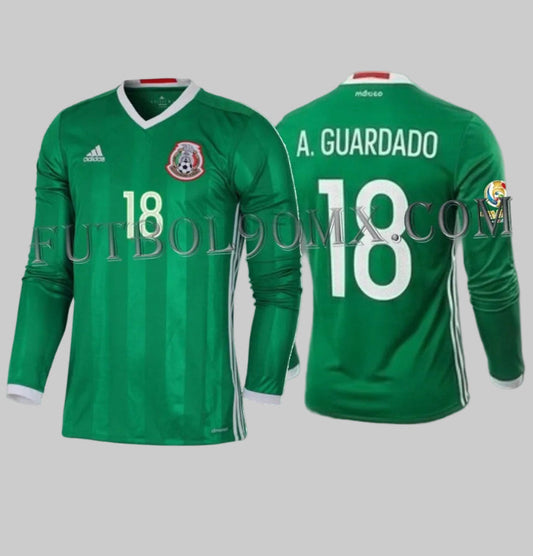 Jersey Adidas México Local 2016 Manga Larga Andrés Guardado #18 Copa América Centenario AC2724, vista dual frontal y dorsal con tipografía oficial.
