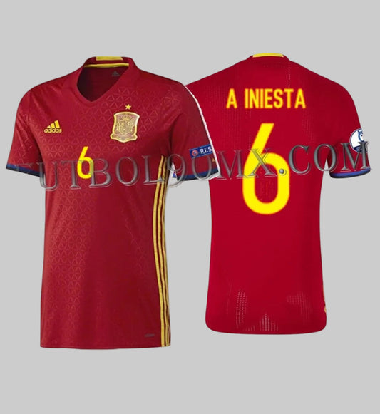 Vista dual del jersey de local de España Euro 2016 versión Authentic Match Adizero; muestra el dorsal #6 y el nombre A. INIESTA con tipografía oficial Adidas AA0854 disponible en Futbol90MX