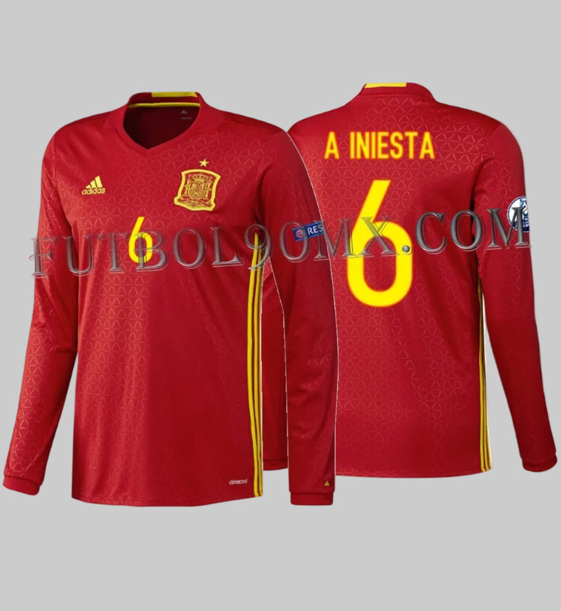 Vista dual del jersey Adidas AA5784 España Home 2016 en manga larga; frente rojo con patrón geométrico y dorso con personalización oficial A. INIESTA #6, activo de Historical Archive Boutique Futbol90MX