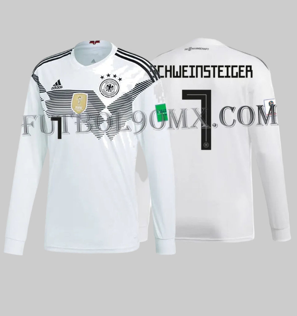 Vista dual del jersey de Local manga larga de Alemania con el estampado oficial termoaplicado en vinil de SCHWEINSTEIGER 7 y el detalle de cuello Die Mannschaft, codigo Adidas BR7830 en Futbol90MX