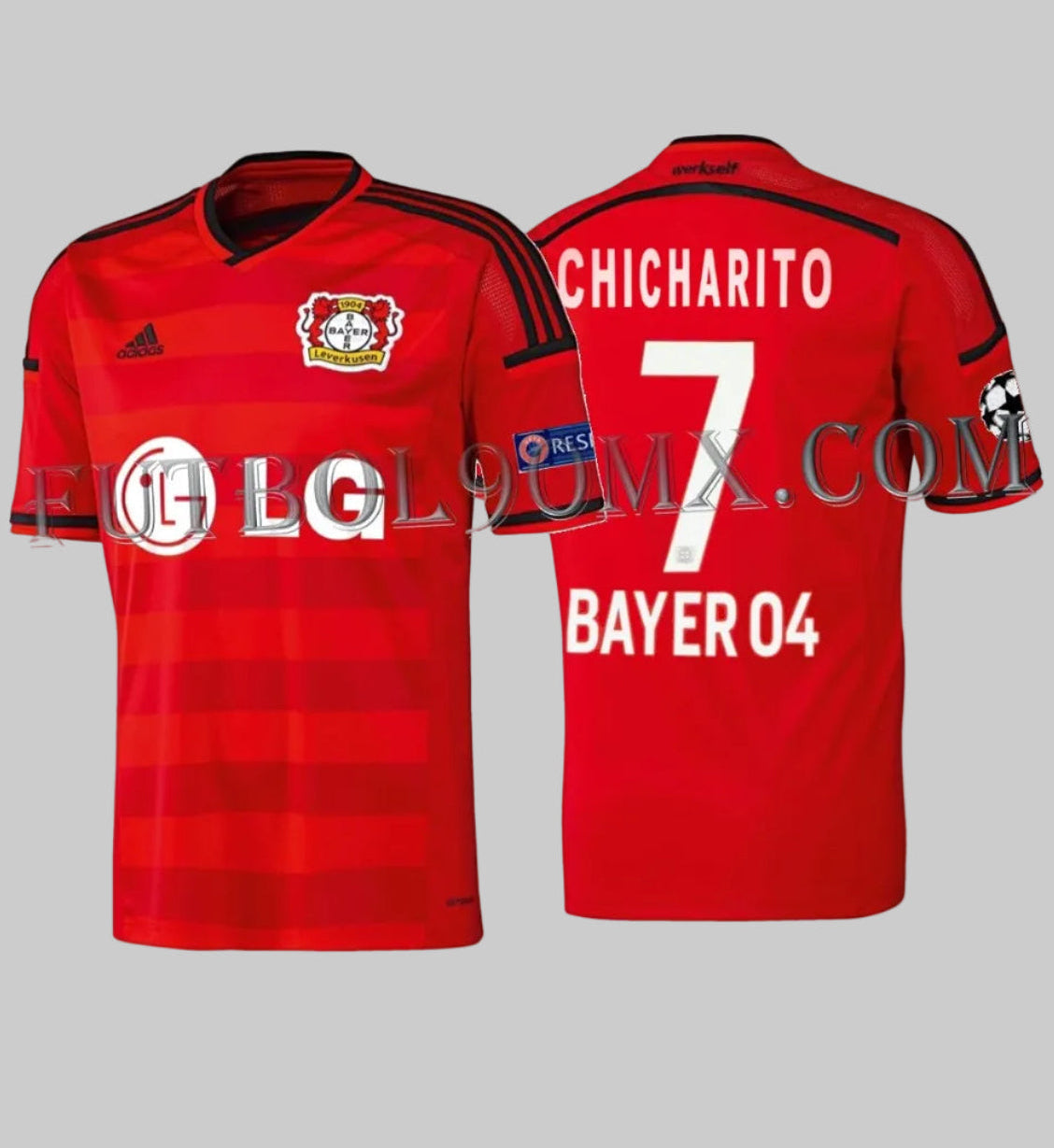 Vista frontal y posterior en estudio del Adidas Chicharito Bayer Leverkusen Away Jersey UCL 2015/16 con patrocinador LG y personalización oficial de CHICHARITO #7 (Código: F51271) en Historical Archive Boutique Futbol90MX