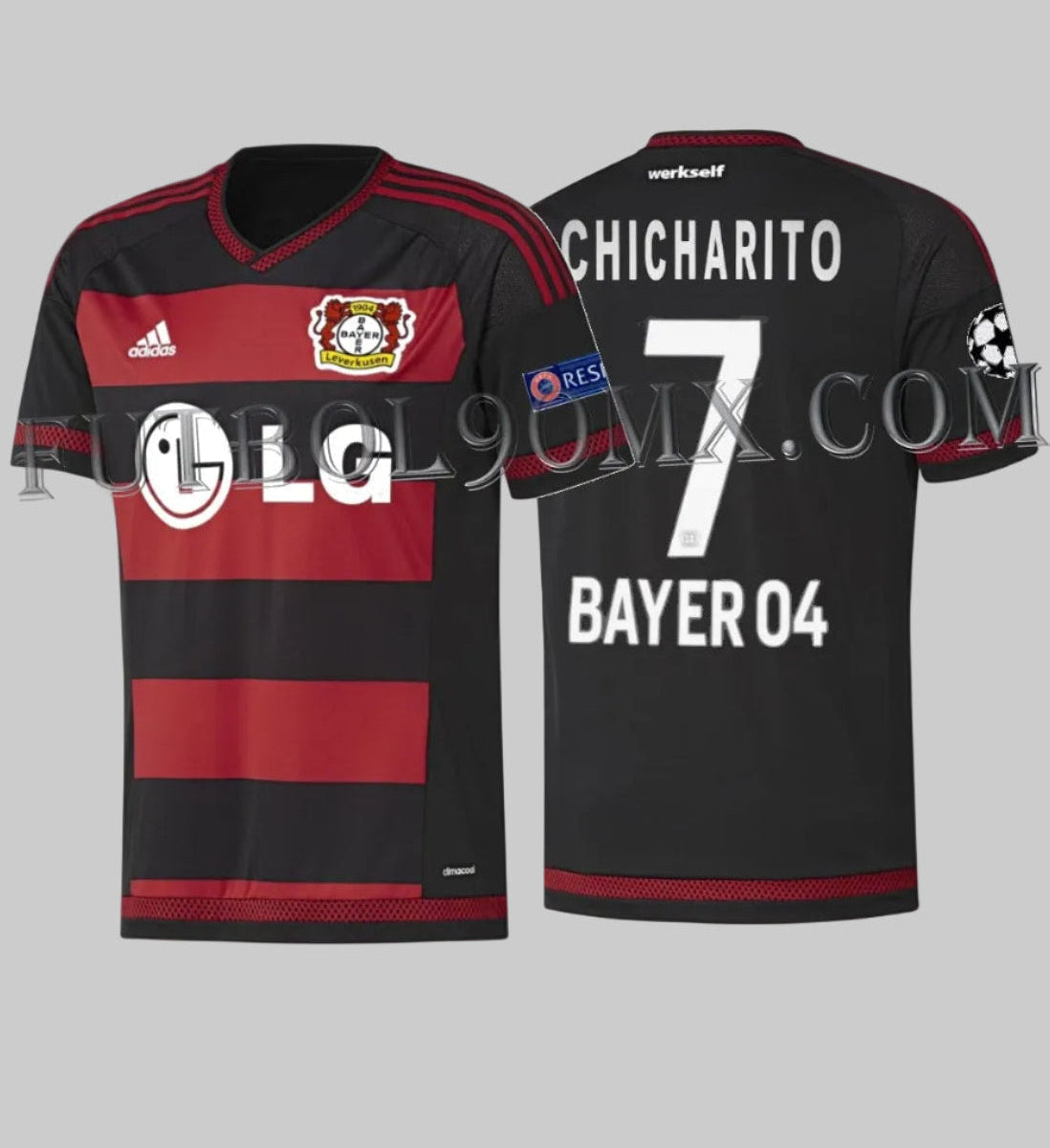 Vista frontal y posterior en estudio del Adidas Chicharito Bayer Leverkusen Home Jersey UEFA Champions League 2015/16 con patrocinador LG y personalización oficial de CHICHARITO #7 (Código: S88632) en Futbol90MX.