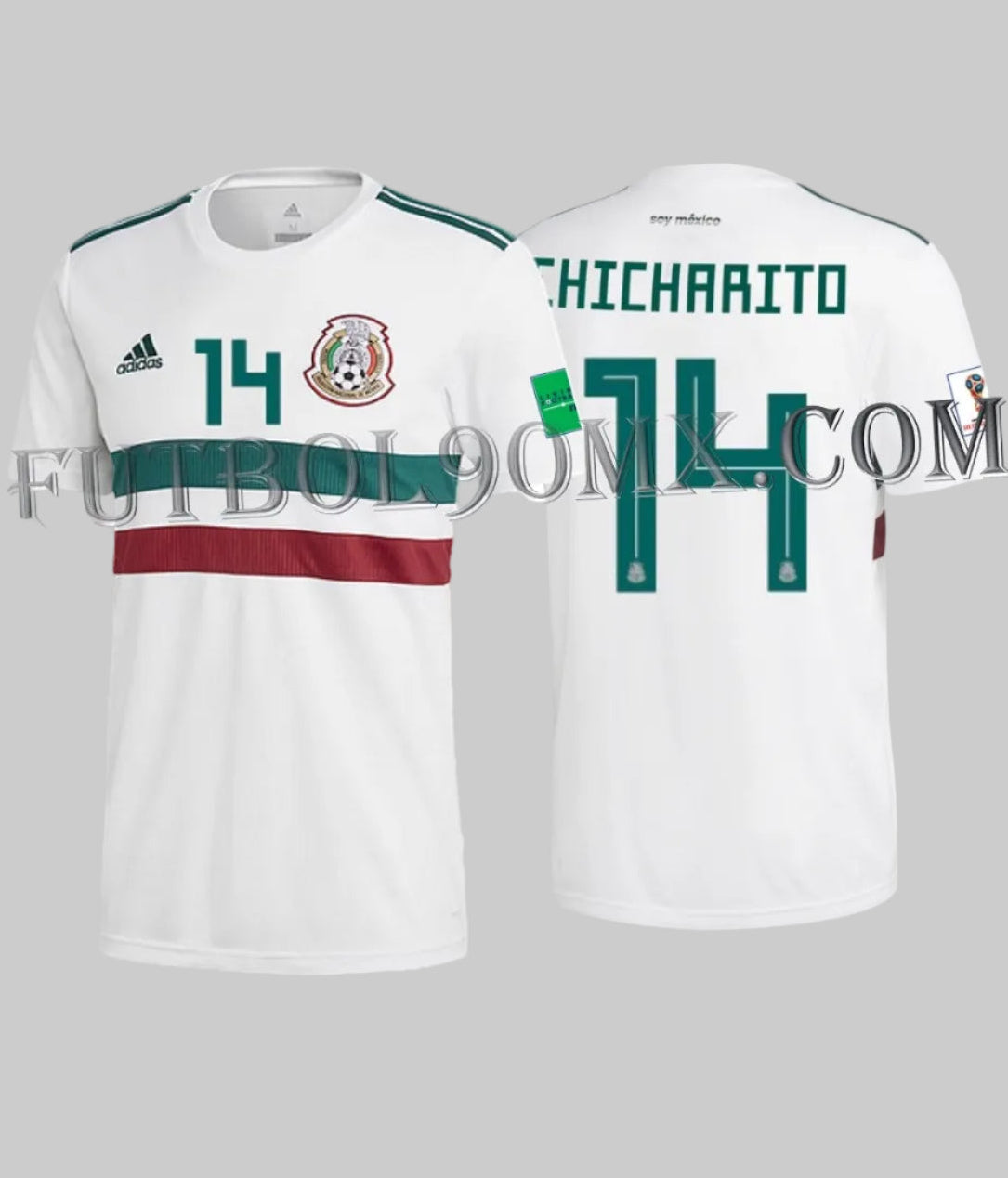 Vista dual del Jersey con dorsal personalizado 'CHICHARITO 14' en version visitante de México Mundial 2018, con parches oficiales de FIFA, estado Deadstock, codigo BQ4689 disponible en Futbol90MX