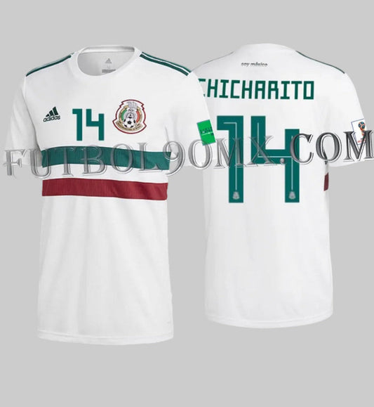 Vista dual del Jersey con dorsal personalizado 'CHICHARITO 14' en version visitante de México Mundial 2018, con parches oficiales de FIFA, estado Deadstock, codigo BQ4689 disponible en Futbol90MX