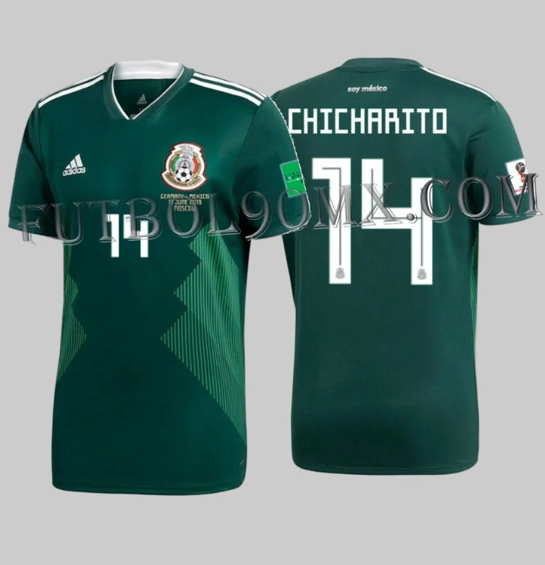Vista frontal y posterior del jersey adidas BQ4701 de local de México 2018 con el nombre CHICHARITO y número 14 en tipografía oficial calada de Adidas para el Mundial Rusia 2018.