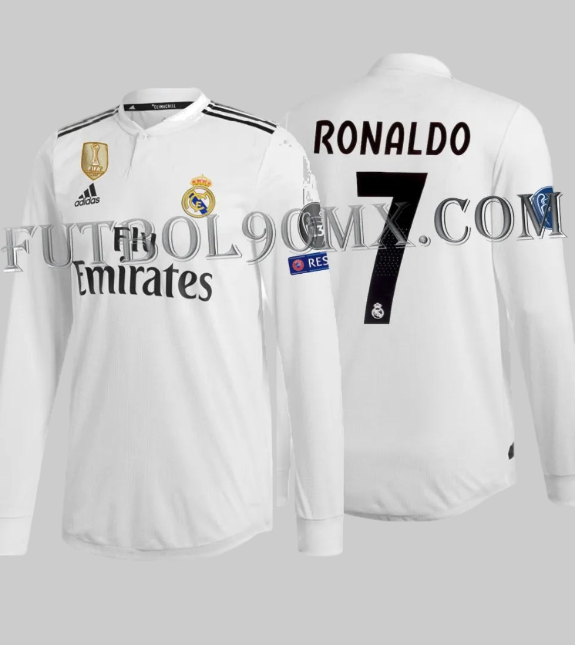 Jersey auténtico match Adidas Real Madrid 2018/19 manga larga de Cristiano Ronaldo, edición UEFA Champions League, codigo DQ0869, Vista completa con dorsal 7, pieza de archivo premium Futbol90MX.