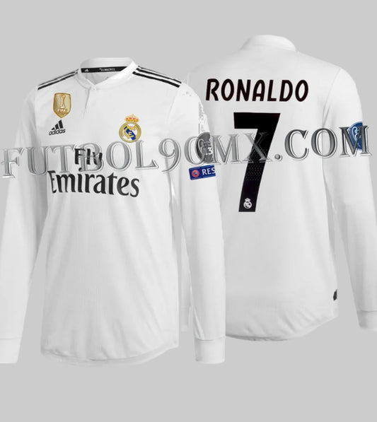 Jersey auténtico match Adidas Real Madrid 2018/19 manga larga de Cristiano Ronaldo, edición UEFA Champions League, codigo DQ0869, Vista completa con dorsal 7, pieza de archivo premium Futbol90MX.