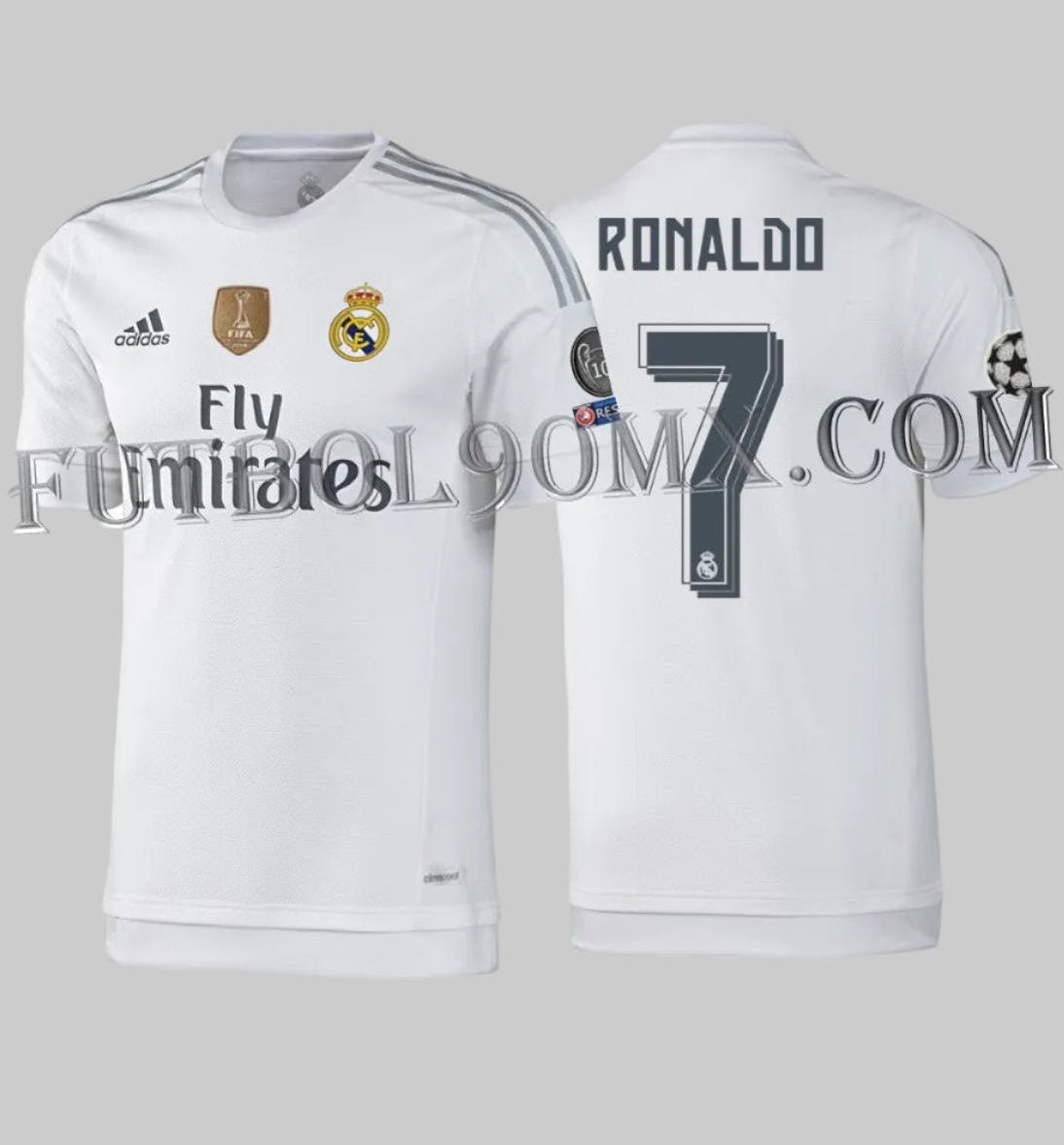Jersey Adidas AK2496 Real Madrid Home 2015-16 Cristiano Ronaldo #7 configuración UEFA Champions League auténtica con parche FIFA World Champions 2014 Futbol90MX