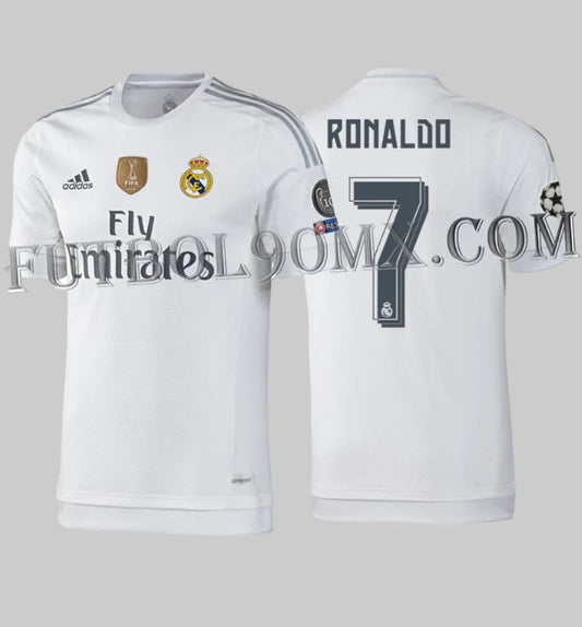 Jersey Adidas AK2496 Real Madrid Home 2015-16 Cristiano Ronaldo #7 configuración UEFA Champions League auténtica con parche FIFA World Champions 2014 Futbol90MX