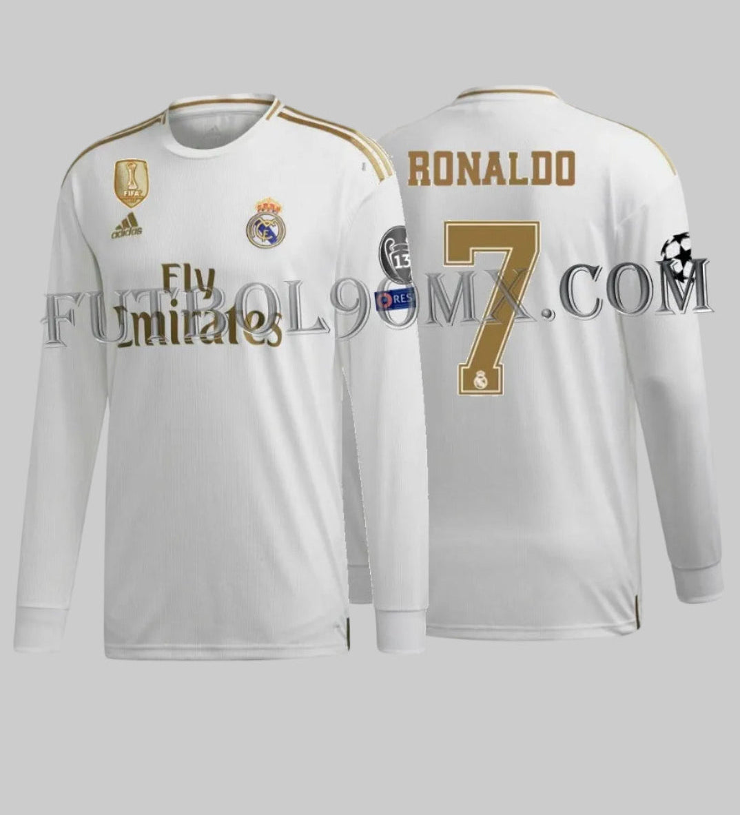 Vista frontal y dorsal del jersey Adidas de manga larga del Real Madrid de Cristiano Ronaldo UCL 2019/20  (DZ0439), mostrando el diseño blanco y dorado, parches oficiales y la personalización 'RONALDO #7' en Futbol90MX