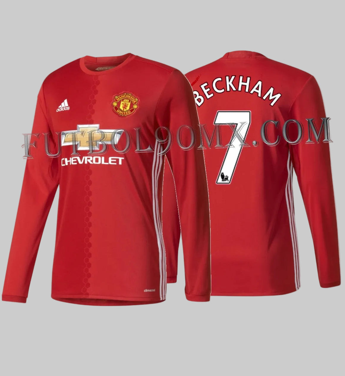 Vista principal frontal del Jersey de manga larga Adidas David Beckham Manchester United Home 2016/17 (Ref. AI6718) en la Historical Archive Boutique de Futbol90MX