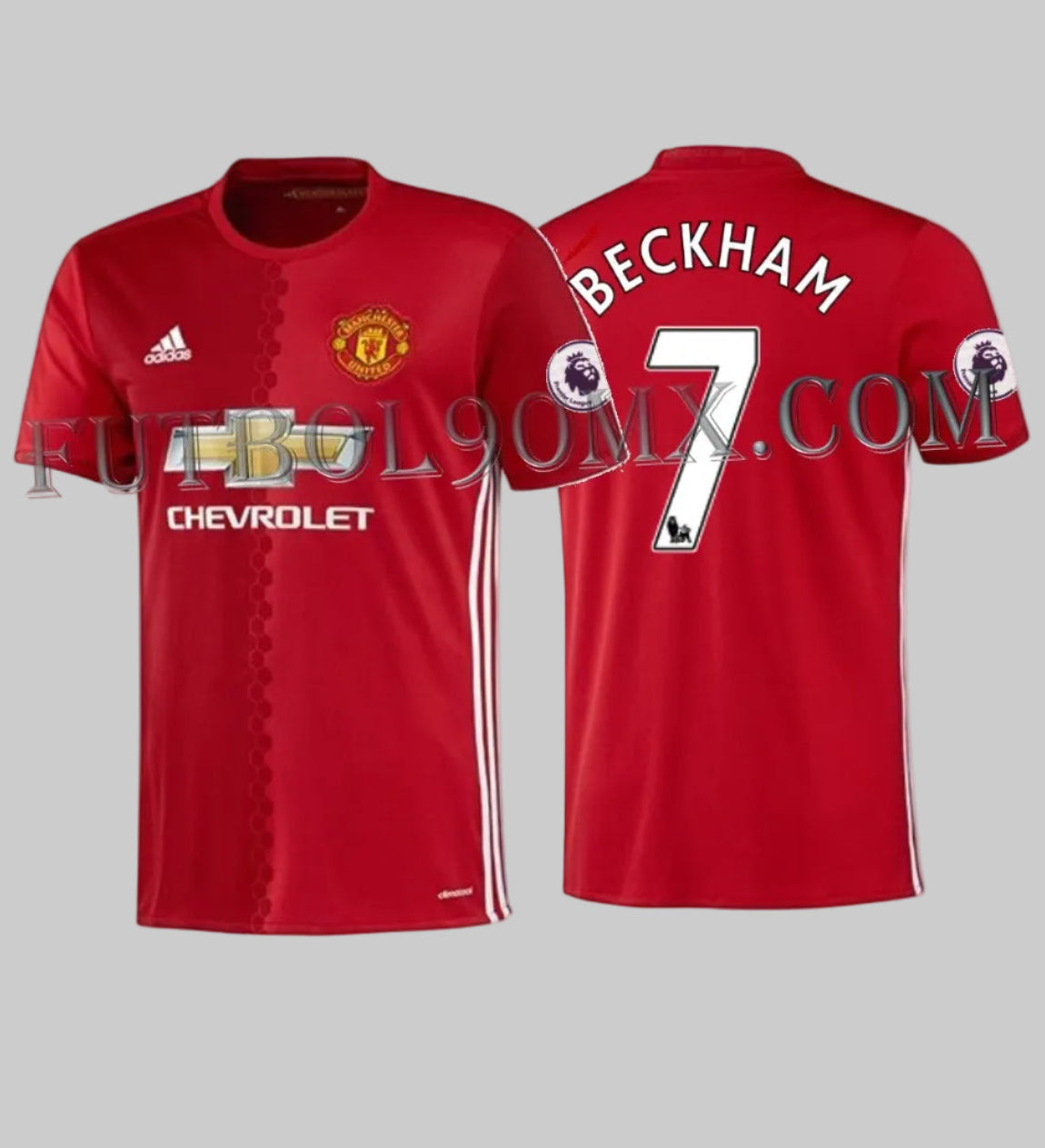 Vista frontal y posterior del jersey adidas Manchester United Local 2016/17 David Beckham #7 (Ref. AI6720) disponible en la Historical Archive Boutique de Futbol90MX