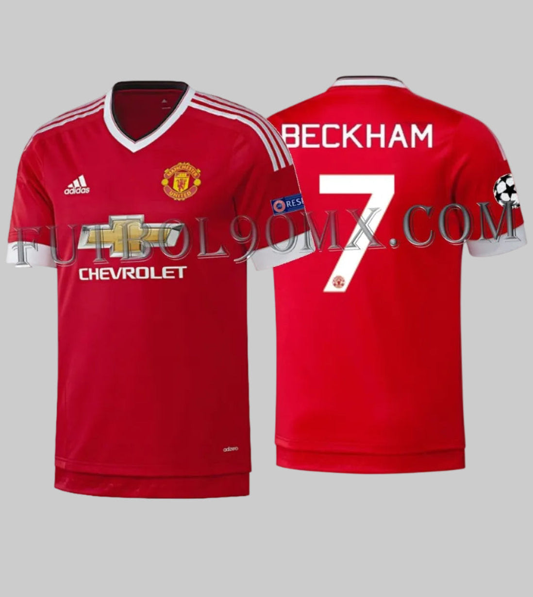 Vista frontal y posterior del jersey adidas authentic match de local del Manchester United 2015/16 con la personalización oficial de David Beckham #7, los parches de la UEFA Champions League en las mangas, codigo AC1415 y la marca de agua de Futbol90MX.