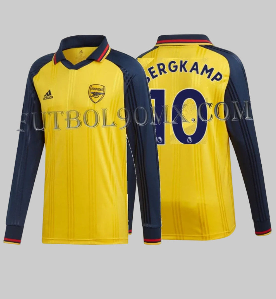 Vista dual del jersey retro Arsenal FC, edición Icons de Dennis Bergkamp con el nombre 'BERGKAMP' y el número '10' impresos en azul marino, codigo EH5614, disponible en Futbol90MX