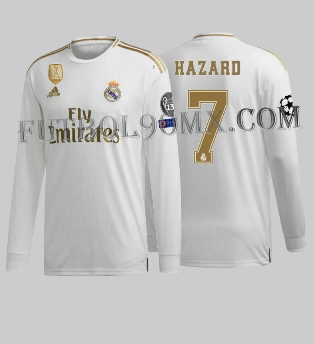 Vista frontal y trasera del jersey de local de manga larga del Real Madrid 2019/20 de Eden Hazard (DZ0439), disponible en Futbol90MX con parches oficiales de UEFA Champions League