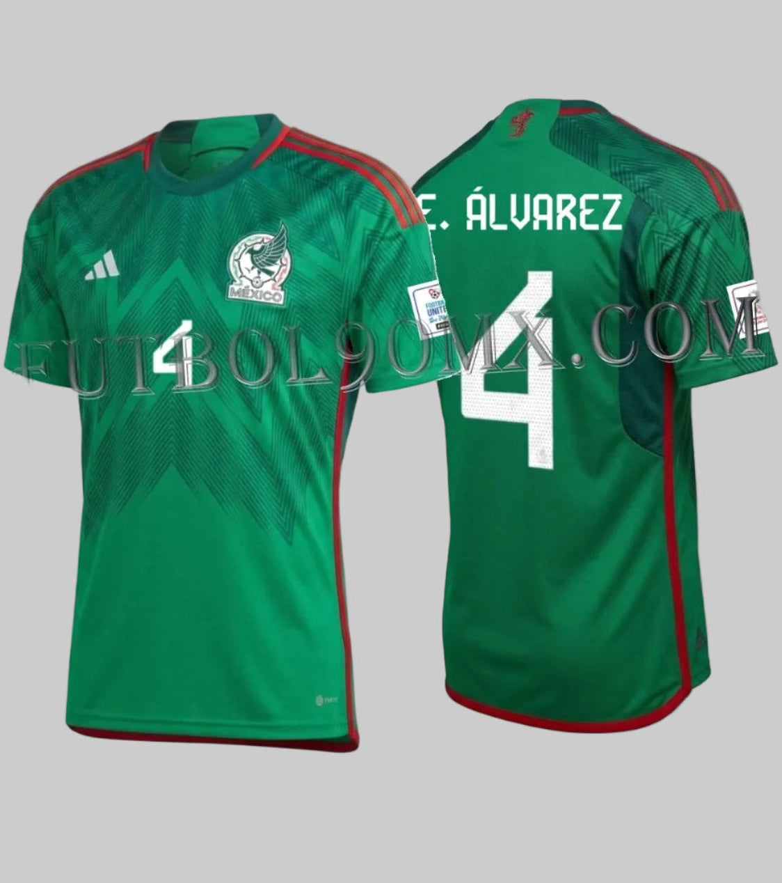 Jersey Adidas México Home 2022 verde oficial Edson Álvarez dorsal 4 Copa Mundial Qatar 2022 vista dual, codigo HD6899 en Futbol90MX.