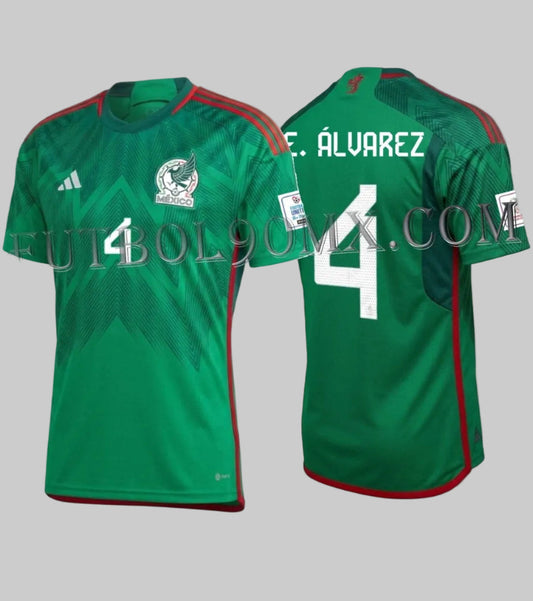 Jersey Adidas México Home 2022 verde oficial Edson Álvarez dorsal 4 Copa Mundial Qatar 2022 vista dual, codigo HD6899 en Futbol90MX.