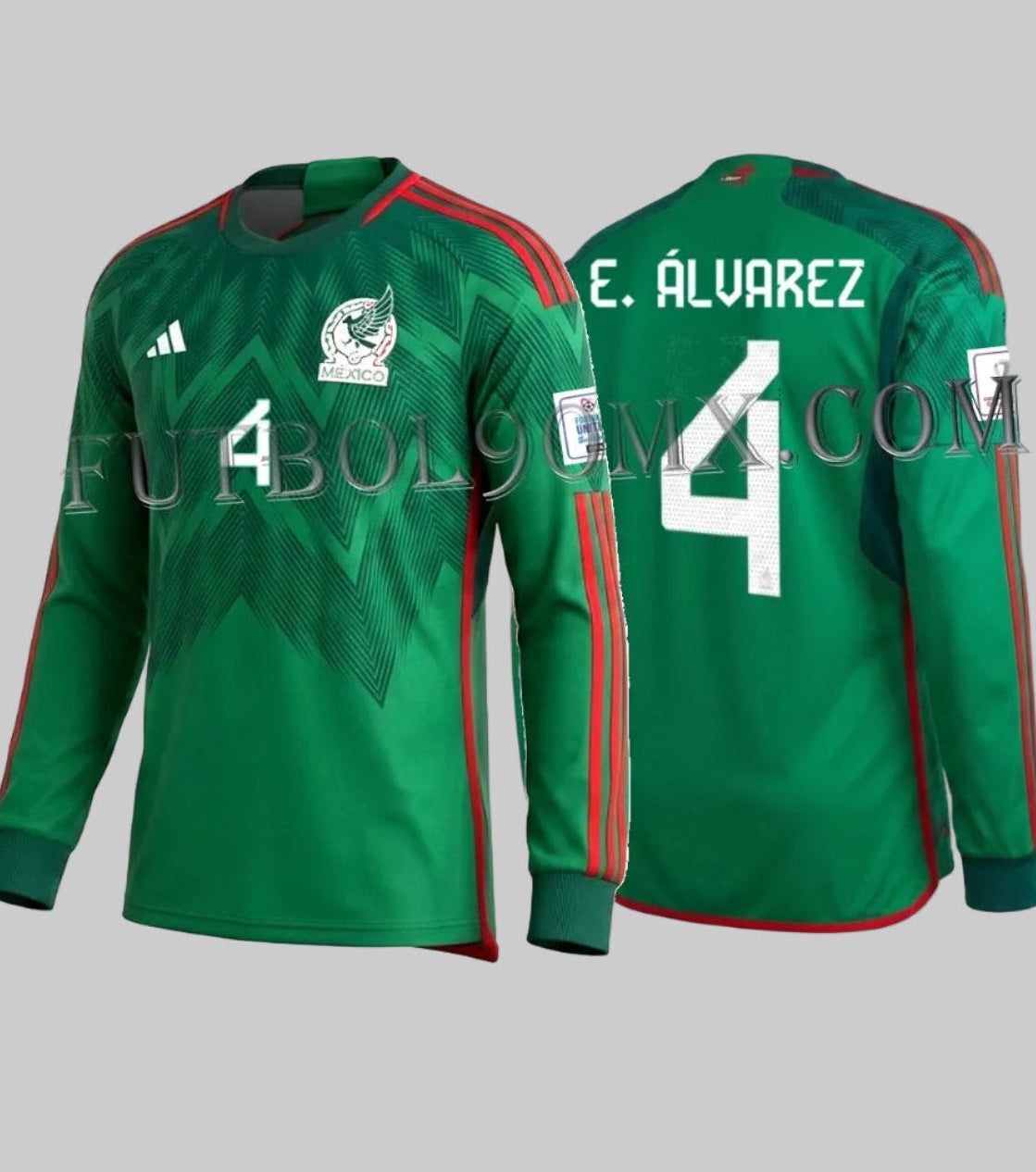 Vista frontal y posterior en ángulo del jersey de fútbol Adidas de la Selección de México versión local manga larga para el Mundial 2022, personalizado con el nombre E. ÁLVAREZ y el número 4 en tipografía blanca oficial de la FIFA en Futbol90MX codigo HE8850