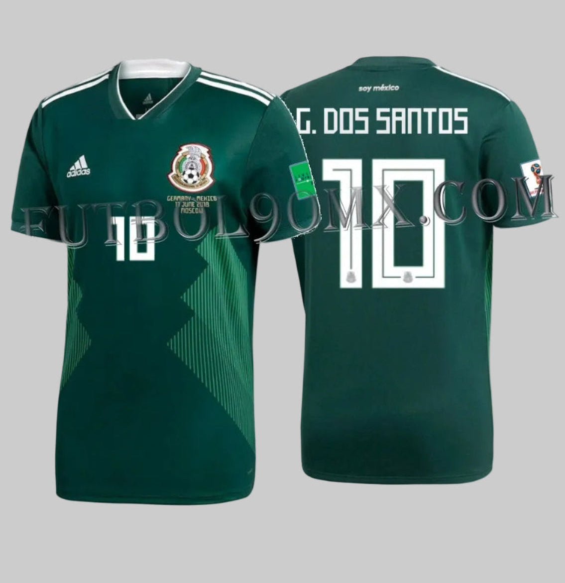 Jersey Adidas México Local 2018 Giovani dos Santos #10 con parches oficiales de la Copa Mundial Rusia 2018 y detalle de partido contra Alemania BQ4701