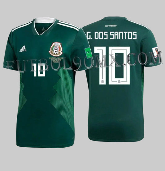 Jersey Adidas México Local 2018 Giovani dos Santos #10 con parches oficiales de la Copa Mundial Rusia 2018 y detalle de partido contra Alemania BQ4701