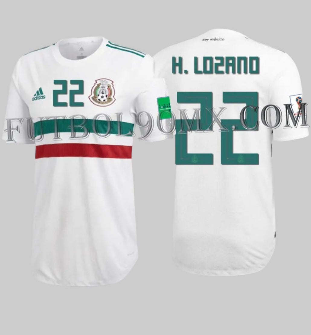 Vista en estudio de la parte frontal y posterior del Adidas Hirving Lozano México Authentic Match Away Jersey Copa Mundial FIFA 2018 (Art. BQ4682) con parches oficiales en Futbol90MX