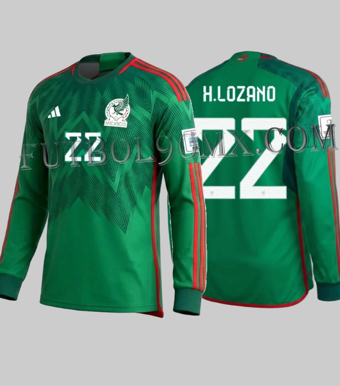 Vista frontal y posterior en ángulo del jersey de fútbol Adidas de la Selección de México versión local manga larga para el Mundial 2022, personalizado con el nombre H. LOZANO y el número 22 en tipografía blanca oficial de la FIFA en Futbol90MX, codigo HE8850
