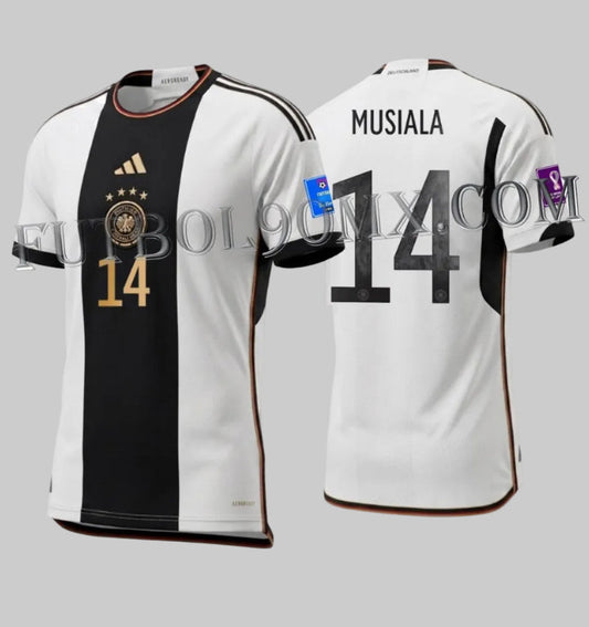Jersey de Alemania Mundial 2022 Jamal Musiala número 14 versión AEROREADY con parches de competencia oficiales en Futbol90MX, codigo HJ9606