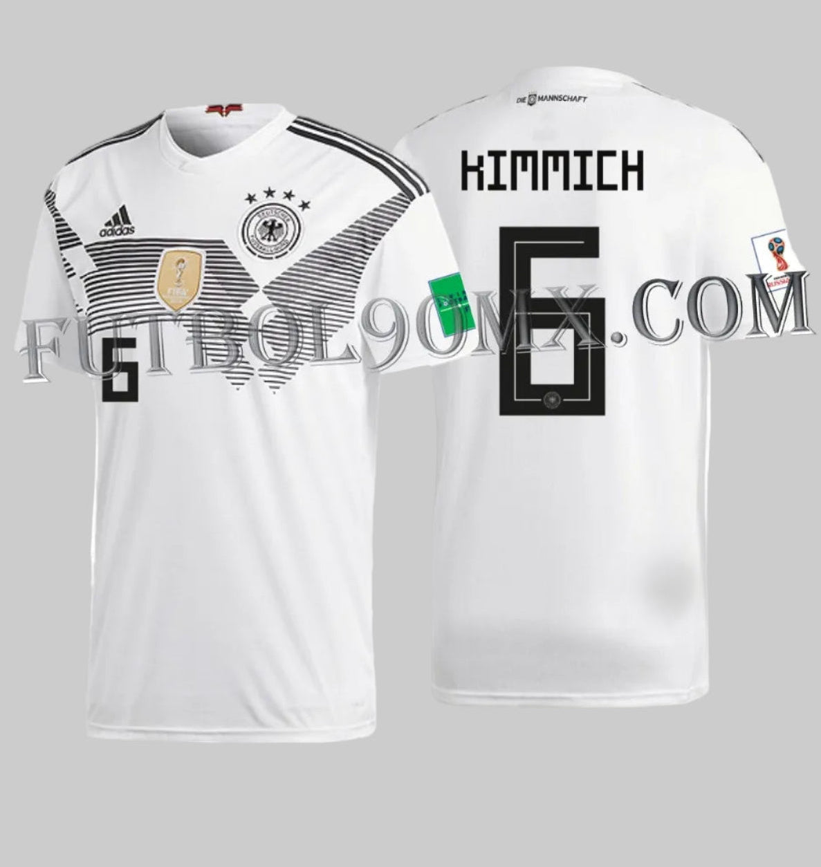 Jersey de local con Tipografía oficial de Joshua Kimmich número 6 para la Selección de Alemania Mundial 2018 BR7843. Detalle del vinilo térmico original sin uso, preservado en el archivo histórico de Futbol90MX