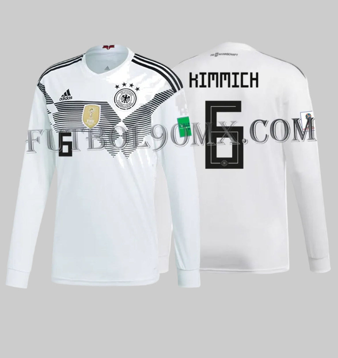 Vista dual del jersey de manga larga de Alemania 2018 con el nombre y número oficial en vinil térmico de KIMMICH 6 y detalle Die Mannschaft, codigo autenticidad Adidas BR7830 en Futbol90MX