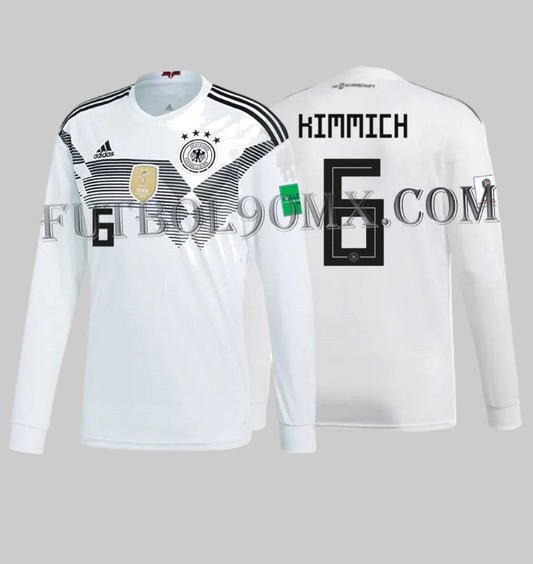 Vista dual del jersey de manga larga de Alemania 2018 con el nombre y número oficial en vinil térmico de KIMMICH 6 y detalle Die Mannschaft, codigo autenticidad Adidas BR7830 en Futbol90MX