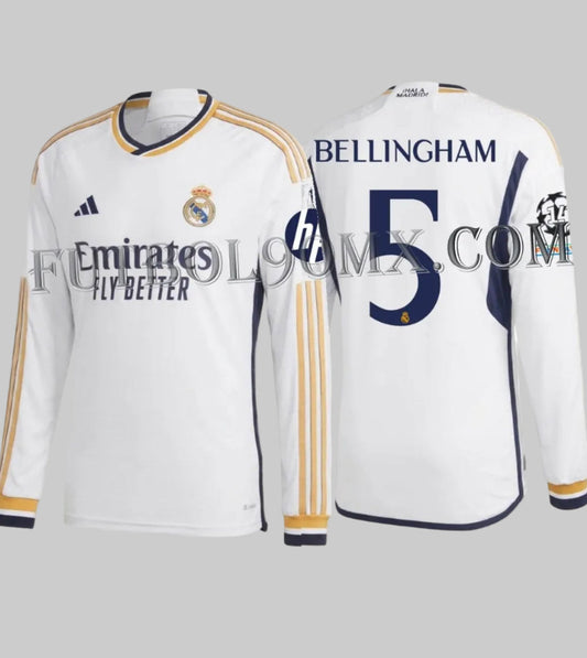 Vista frontal y posterior del jersey Adidas Jude Bellingham Real Madrid UEFA Champions League Authentic Match manga larga 2023/24 (Ref. IA9978) disponible en Futbol90MX