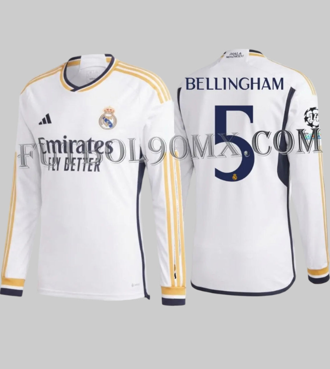 Vista frontal y posterior del jersey Adidas Jude Bellingham Real Madrid de manga larga para UEFA Champions League de casa 2023/24 (Ref. IB0018) con tipografía oficial #5 y parches continentales, disponible en la Historical Archive Boutique de Futbol90MX