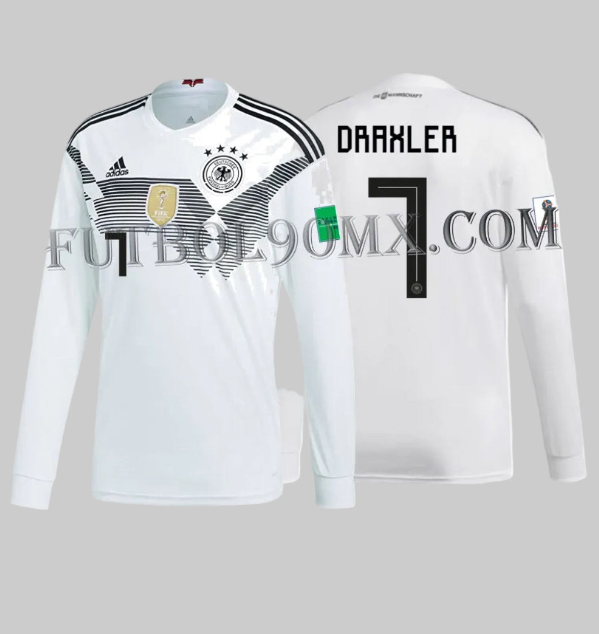 Vista dual del jersey de manga larga de Alemania 2018 con el nombre y número oficial en vinil térmico de DRAXLER 7 y detalle Die Mannschaft, codigo Adidas BR7830 en Futbol90MX