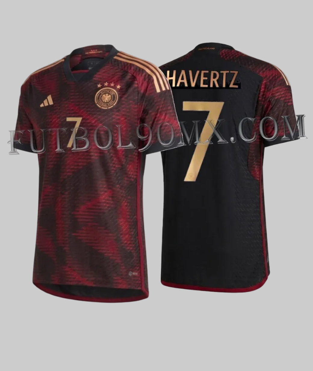 Jersey de visitante Adidas Alemania Authentic Match Mundial 2022, personalizado con el nombre Havertz y número 7, vista frontal y trasera, codigo HF1695, disponible en Futbol90MX