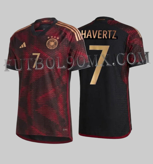 Jersey de visitante Adidas Alemania Authentic Match Mundial 2022, personalizado con el nombre Havertz y número 7, vista frontal y trasera, codigo HF1695, disponible en Futbol90MX