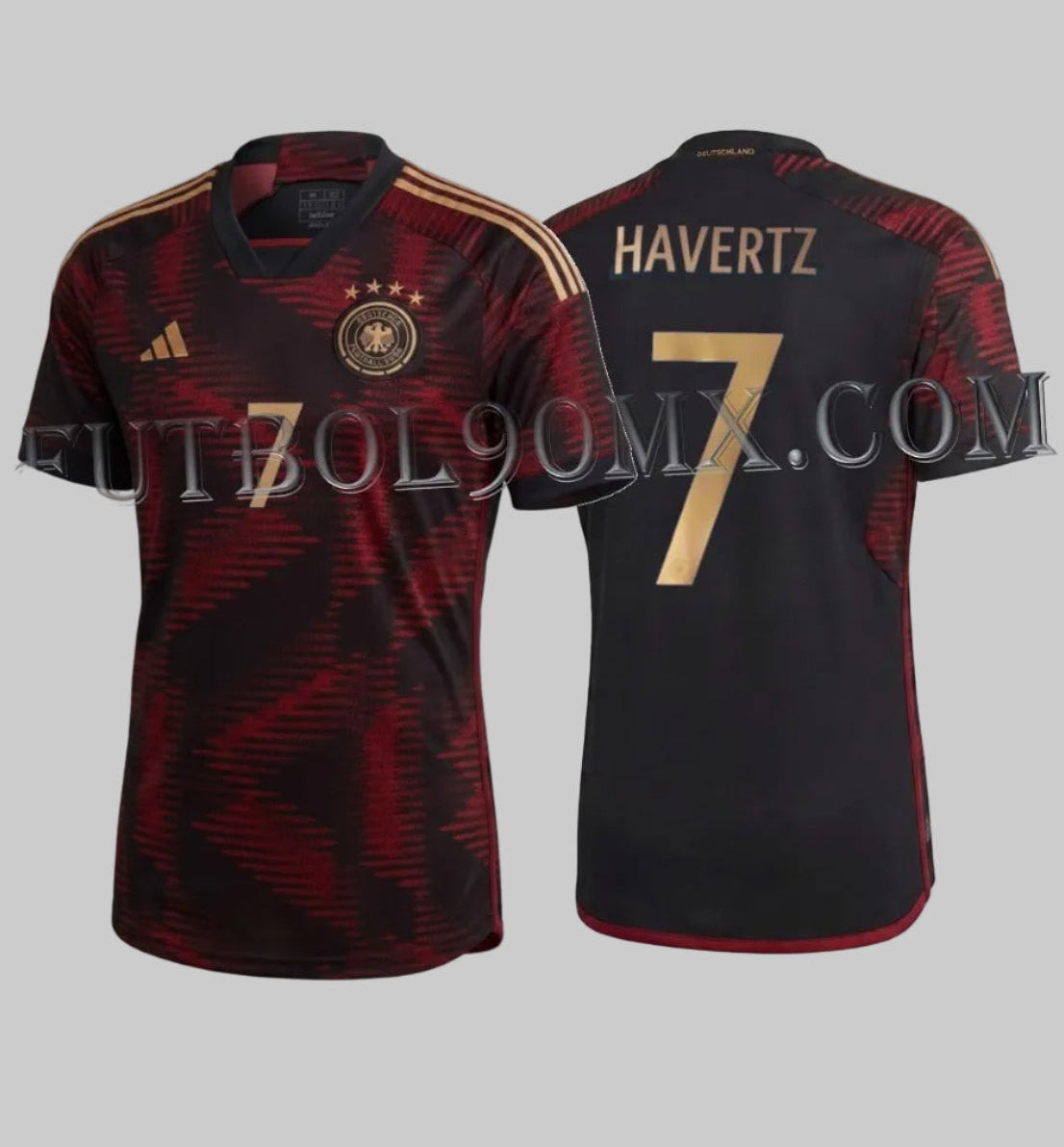 Jersey Adidas de visitante de Alemania Mundial 2022 personalizado con nombre de Kai Havertz y número 7 en color oro, codigo HJ9604, en Futbol90MX
