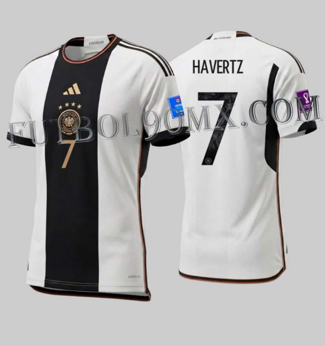Jersey de Alemania Mundial 2022 Kai Havertz número 7 versión AEROREADY con parches de competencia oficiales codigo Adidas HJ9606 en Futbol90MX