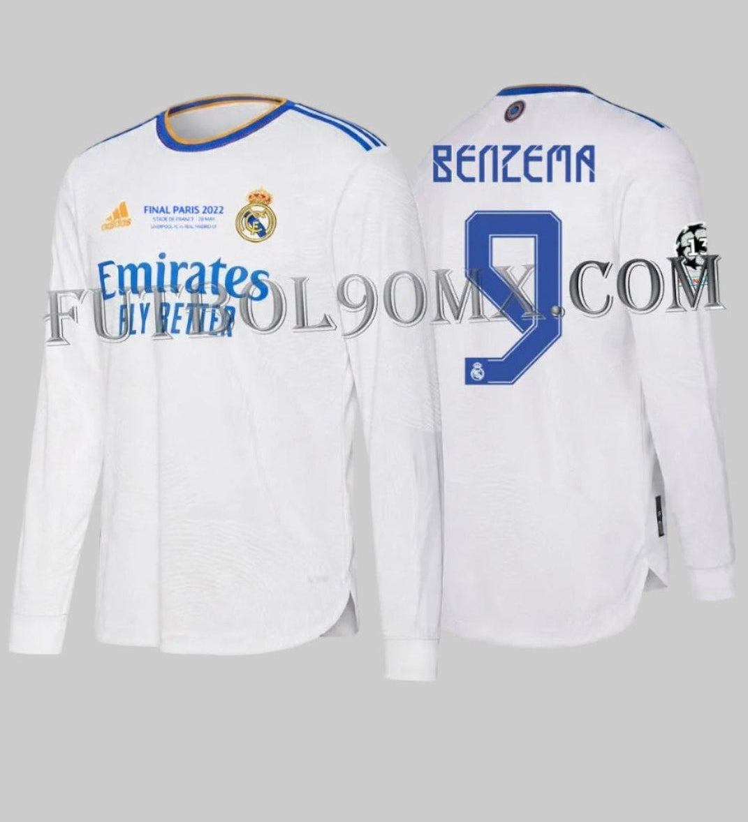 Vista frontal y dorsal del jersey Adidas Authentic Match de manga larga del Real Madrid de Karim Benzema (GR3995), mostrando el grabado oficial 'FINAL PARIS 2022' y la personalización 'BENZEMA #9' con parches de UCL.