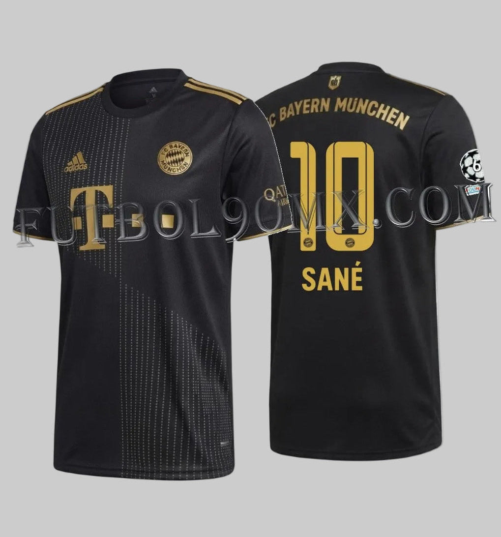 Vista dual del Jersey Adidas de Leroy Sane Bayern Munich de Visita UEFA Champions League 2021-22, codigo GM5317, disponible en Futbol90MX